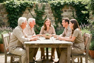 Séance photo de famille originale en extérieur avec grands-parents, parents et adolescent autour d'une table en bois dans un jardin verdoyant