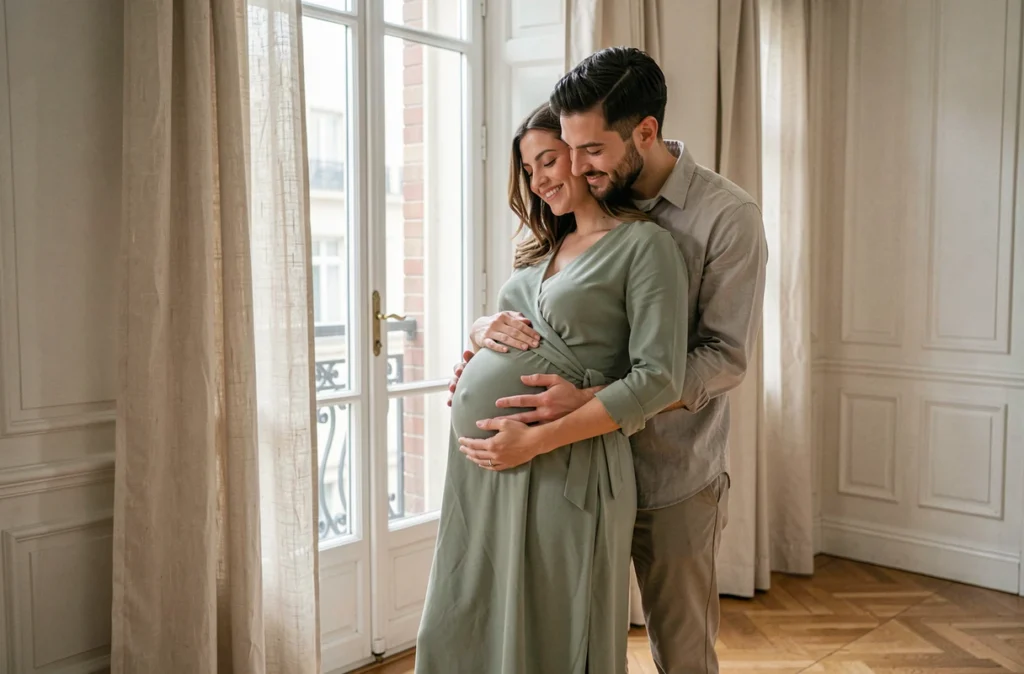 Couple attendant un bébé dans un appartement chalonnais, séance photo grossesse en intérieur avec lumière naturelle douce et ambiance intime