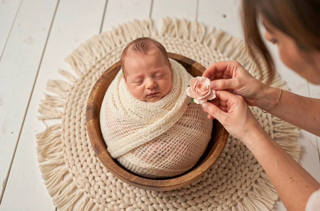Séance photo nouveau-né dans un studio spécialisé naissance à Lille, bébé endormi dans un contenant en bois
