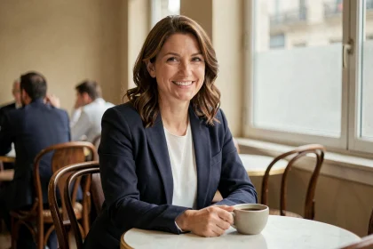 Animatrice élégante souriante dans un café parisien, évoquant la vie personnelle et professionnelle de Sophie Jovillard