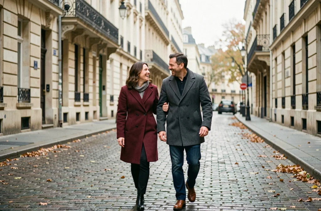 Couple complice se promenant dans une rue pavée parisienne en automne, illustrant la vie de couple et la discrétion de Sophie Jovillard