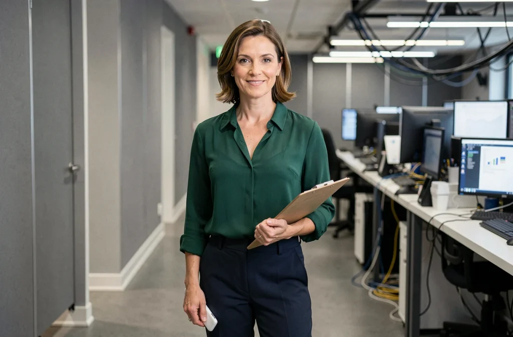 Présentatrice de télévision dans les coulisses d'un studio moderne, représentant la carrière médiatique et la vie privée de Sophie Jovillard