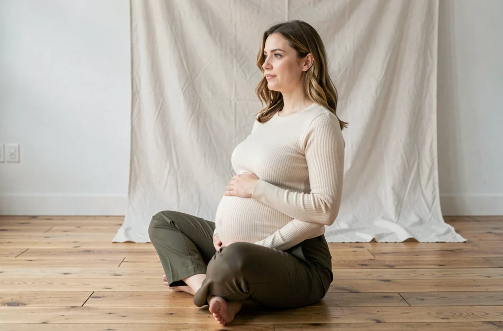 Femme enceinte de profil assise en studio photo à Châlons-en-Champagne, silhouette arrondie mise en valeur dans une ambiance épurée et minimaliste