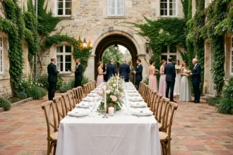 Table de réception de mariage dressée dans une cour de château en Loire-Atlantique, décorée de fleurs sauvages et de bougies