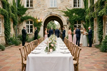 Table de réception de mariage dressée dans une cour de château en Loire-Atlantique, décorée de fleurs sauvages et de bougies