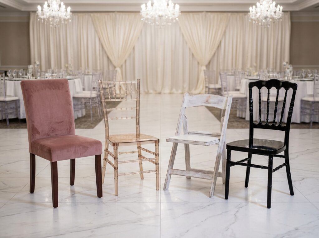Comparaison de quatre styles de chaises de mariage différents - velours, résine, bois et laqué - sur sol en marbre dans une salle de réception de luxe