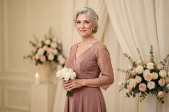 Femme élégante d'une cinquantaine d'années en robe longue rose poudré en mousseline et dentelle lors d'un mariage