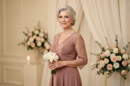 Femme élégante d'une cinquantaine d'années en robe longue rose poudré en mousseline et dentelle lors d'un mariage