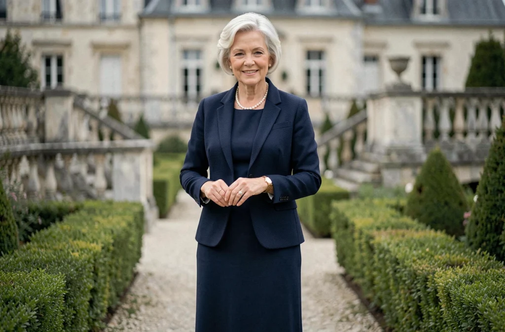 Mère de la mariée en robe et veste bleu marine élégante dans un jardin de château pour un mariage