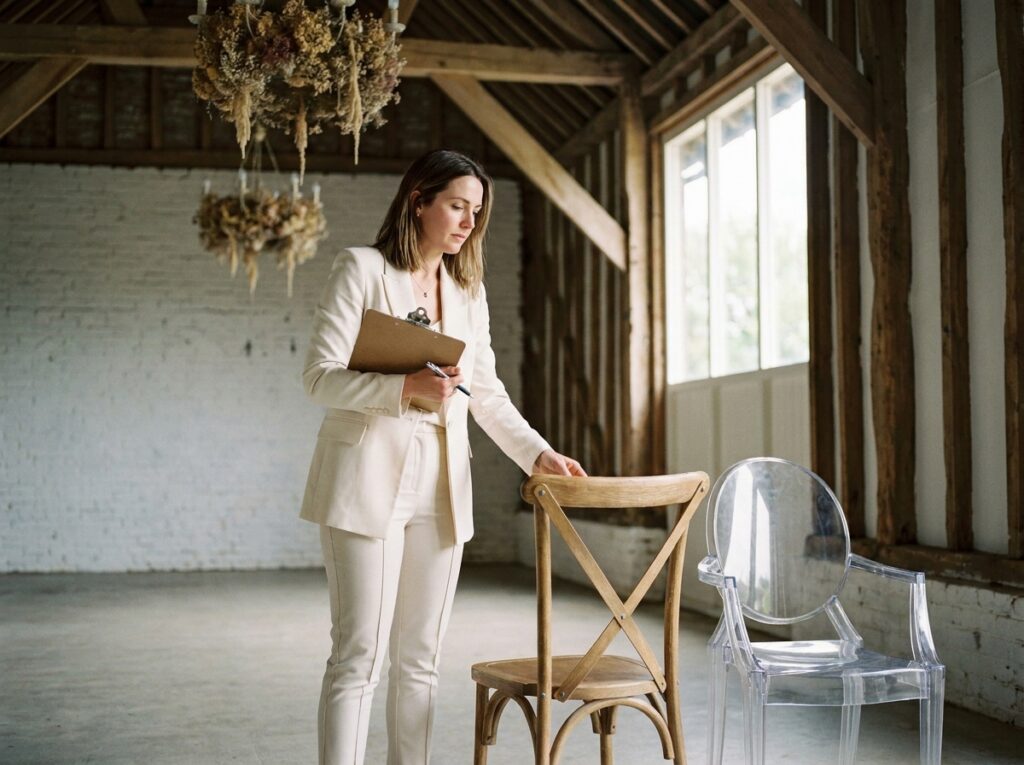 Wedding planner comparant des chaises en bois cross-back et des chaises fantôme en acrylique dans une grange rustique décorée pour un mariage